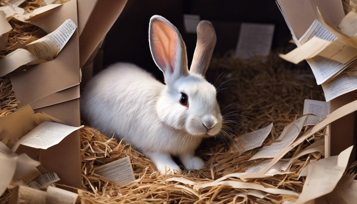 A cute bunny happily digging in a designated digging box surrounded by shredded phone book pages.