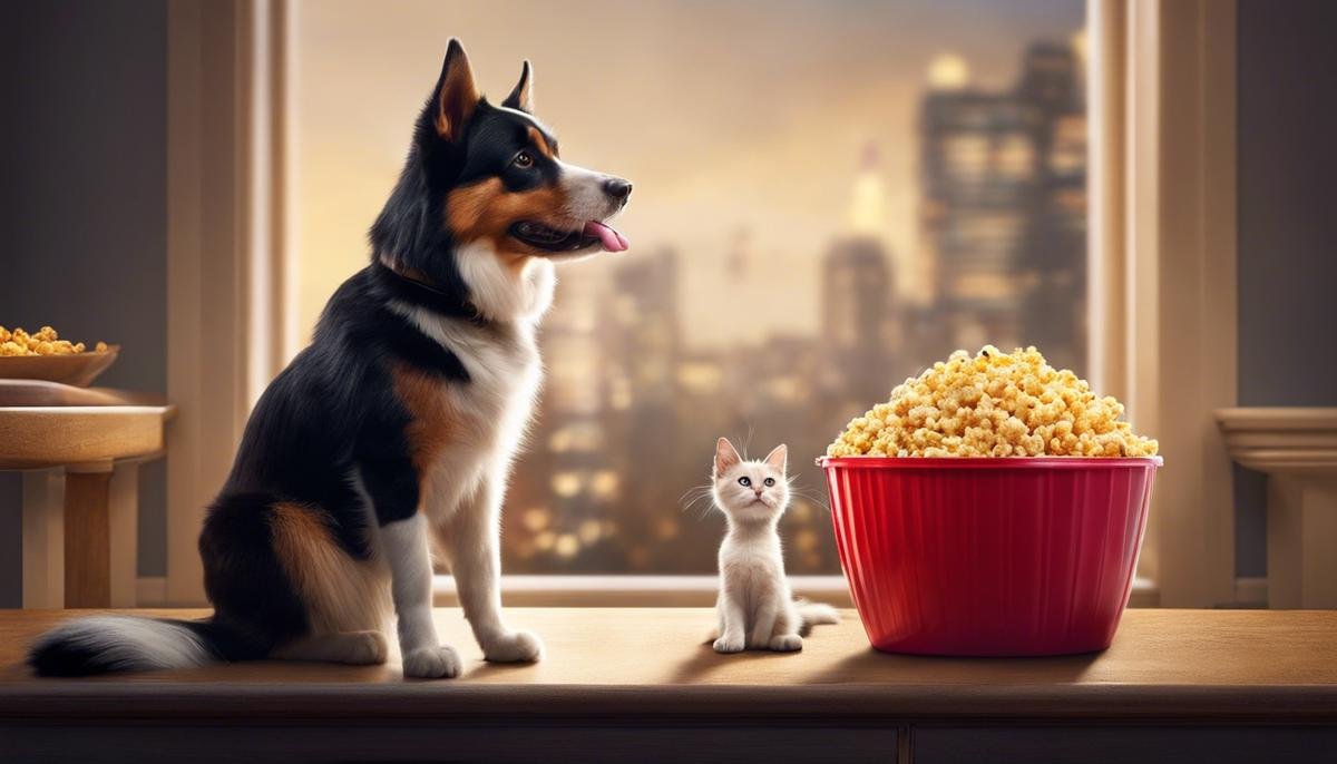 Image of a cute cat and dog eagerly waiting for popcorn, showing the excitement of pets during snack time