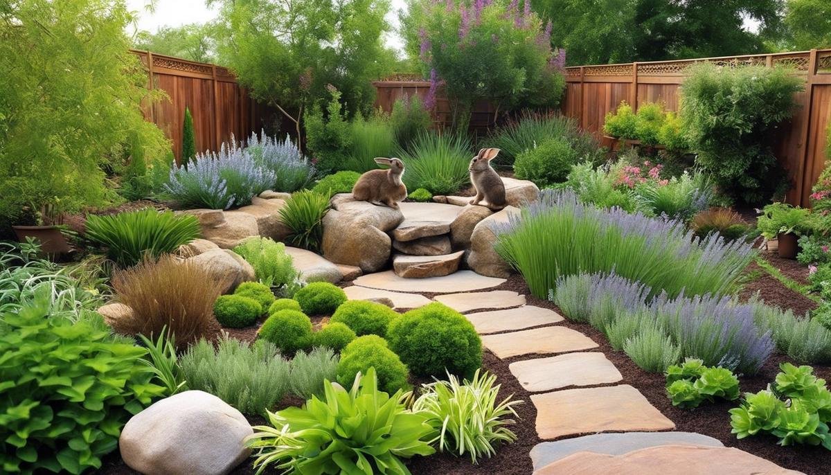 A beautiful backyard with various hiding spots, a rabbit-proof fence, and lush rabbit-safe plants and herbs, creating a safe and inviting environment for rabbits.