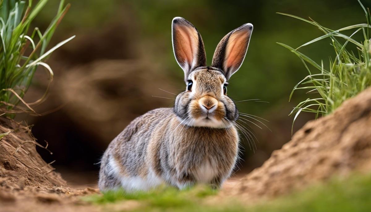 Image of a rabbit standing near its burrow, indicating the topic of rabbit homing instincts.