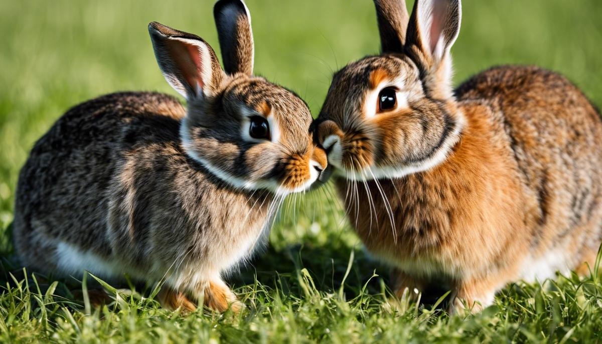 Image of a rabbit licking another rabbit, demonstrating the grooming behavior and social bonding process