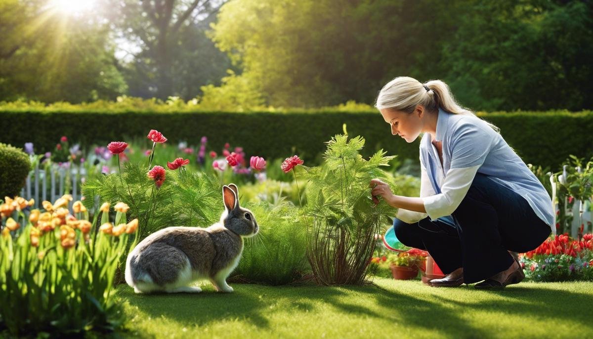 Image of a caregiver searching for a lost rabbit in a garden