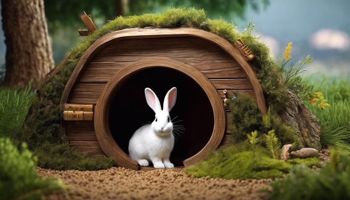 An image of a rabbit in a secure habitat, with multiple toys and tunnels for entertainment and exploration.