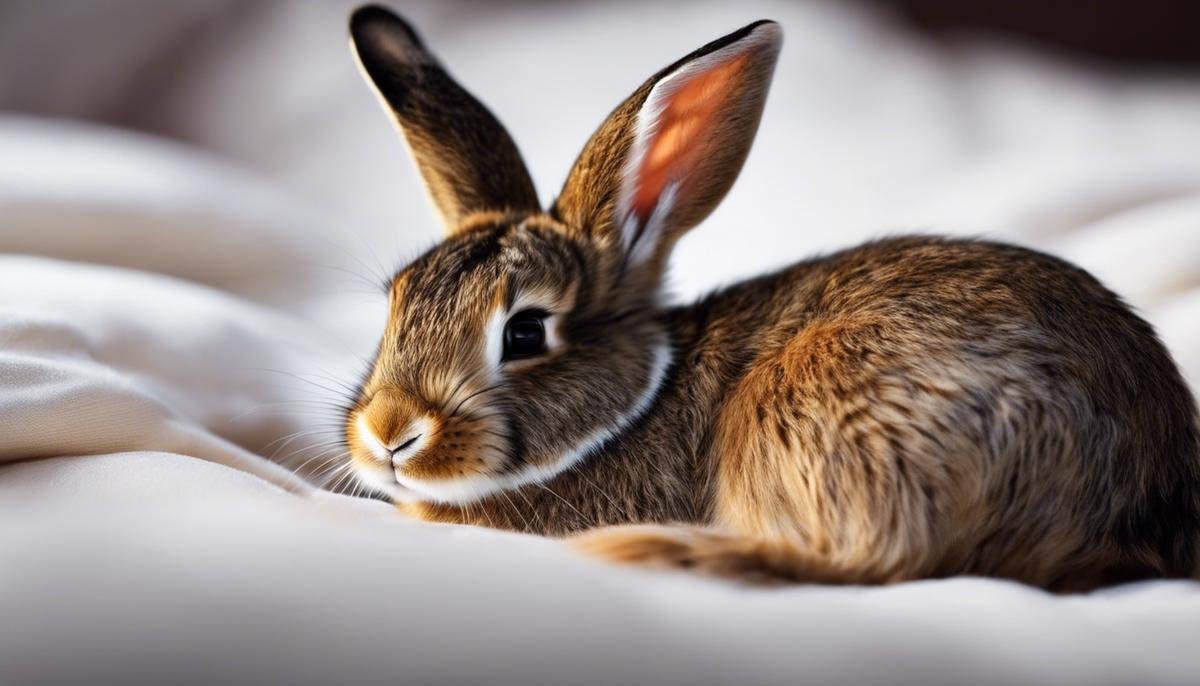 A peaceful image of a sleeping rabbit comfortably resting in a soft bed