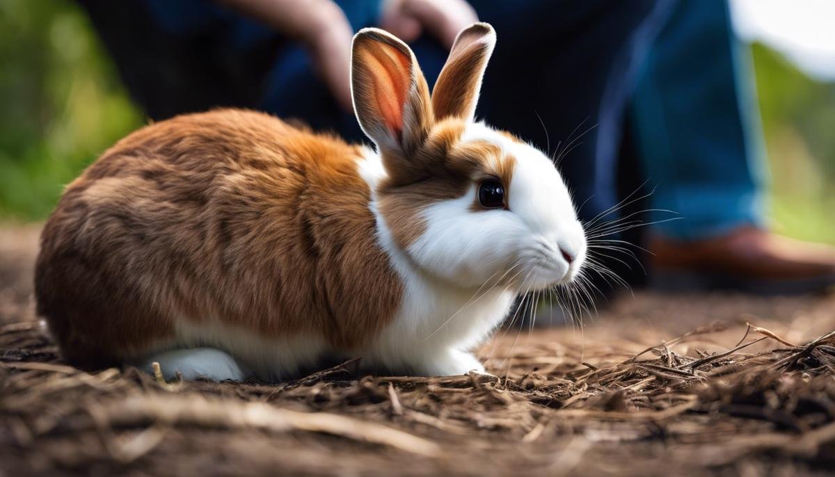 Image description: A brown and white rabbit sitting on a person's lap, demonstrating the behavior of climbing on their owners.