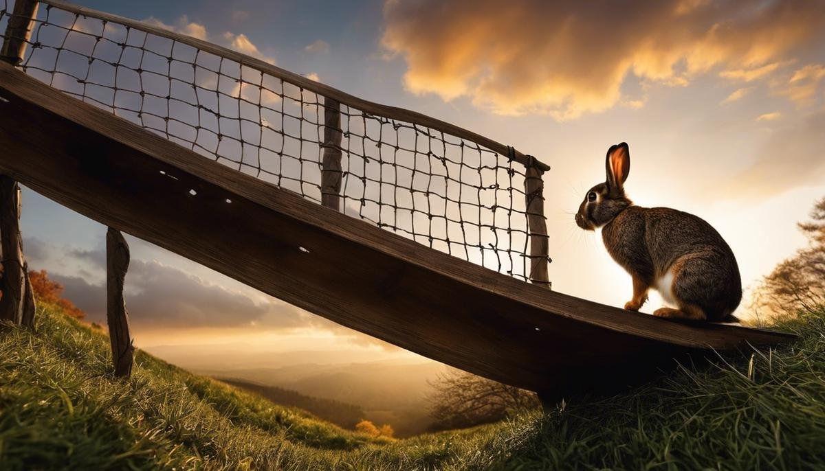 Image depicting a rabbit climbing a structure, showcasing their natural behavior and the interaction between rabbits and their owners.